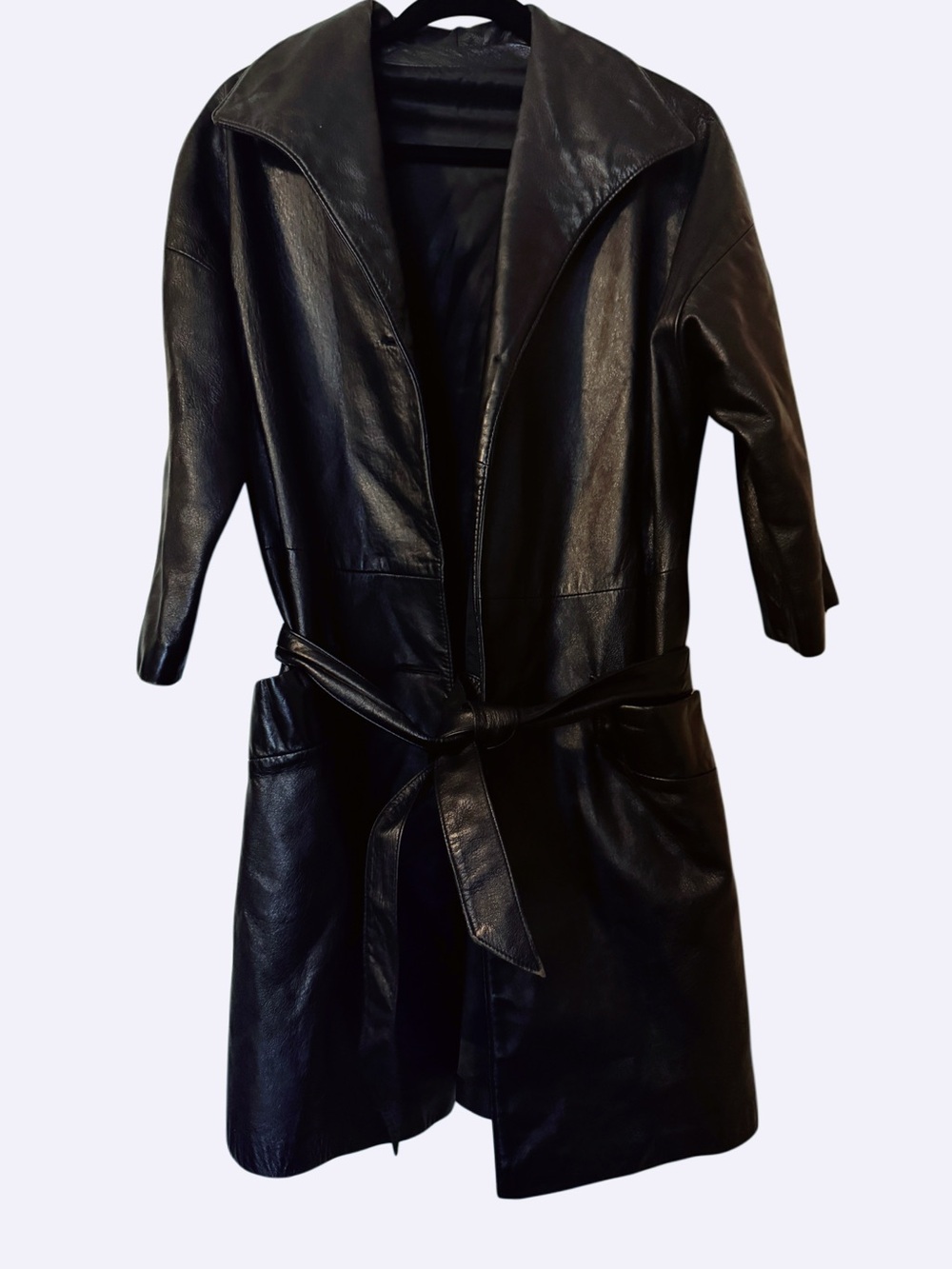 Vintage 70s Lady Californian Black Leather Trench Coat Jacket 14 Matrix Goth